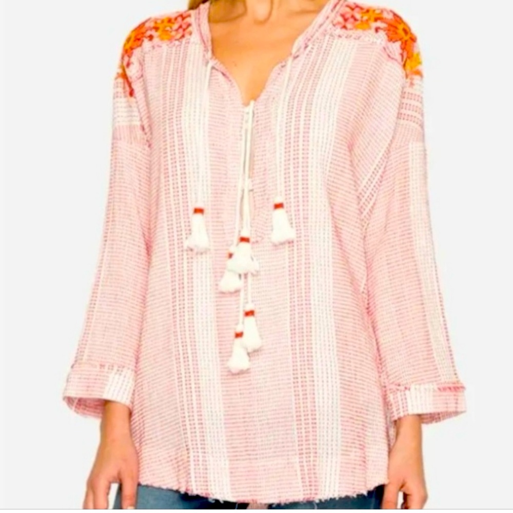 EUC Johnny Was Jacque Boho Stripe Beaded Embroidered Tunic Top Blouse - Size S